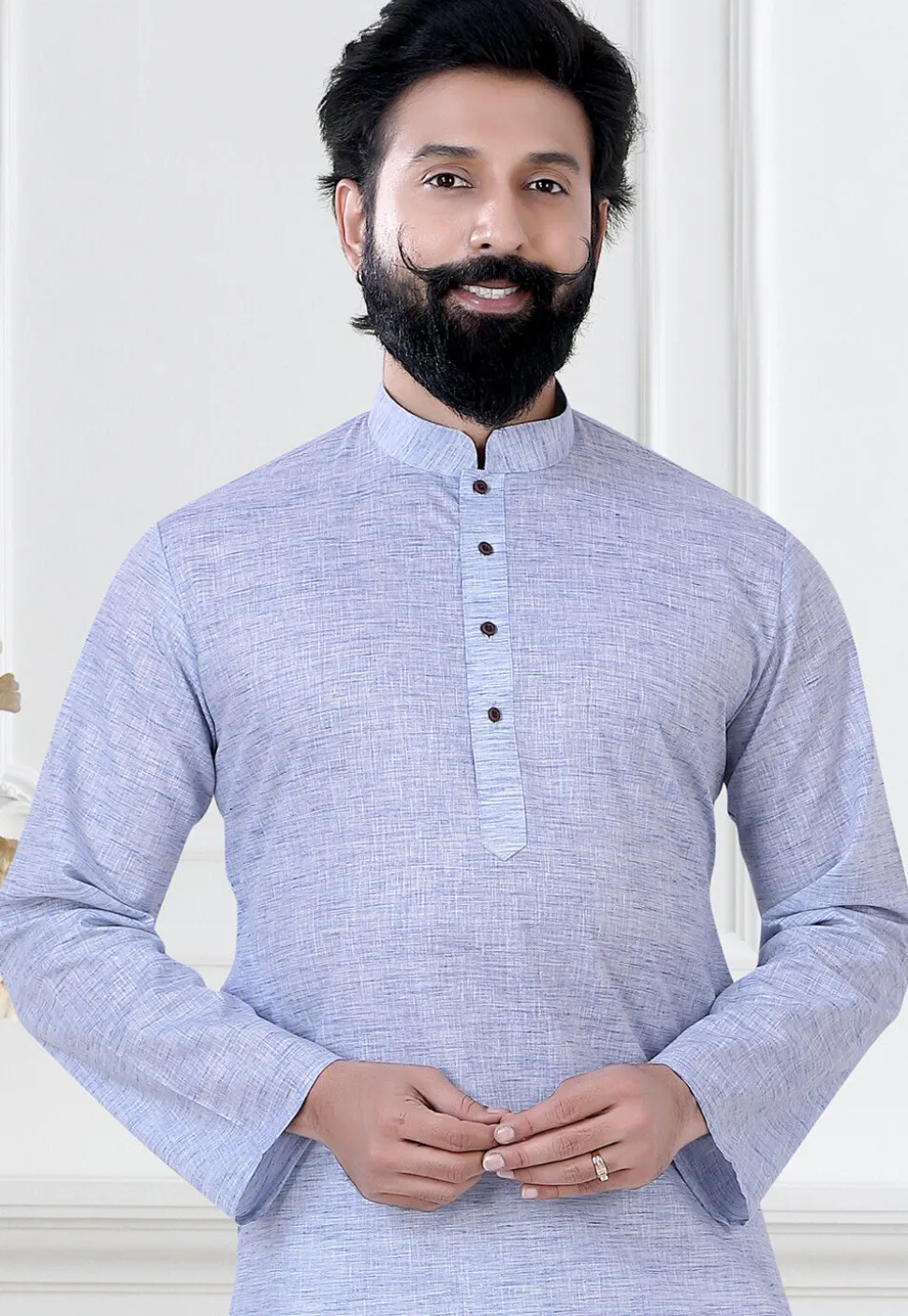 Solid Color Linen Kurta Set in Light Purple