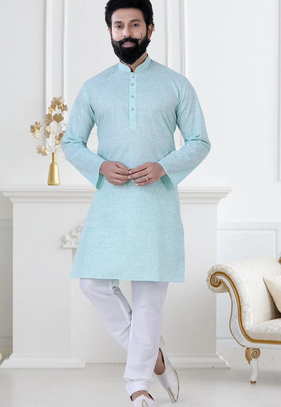 Solid Color Linen Kurta Set in Sky Blue