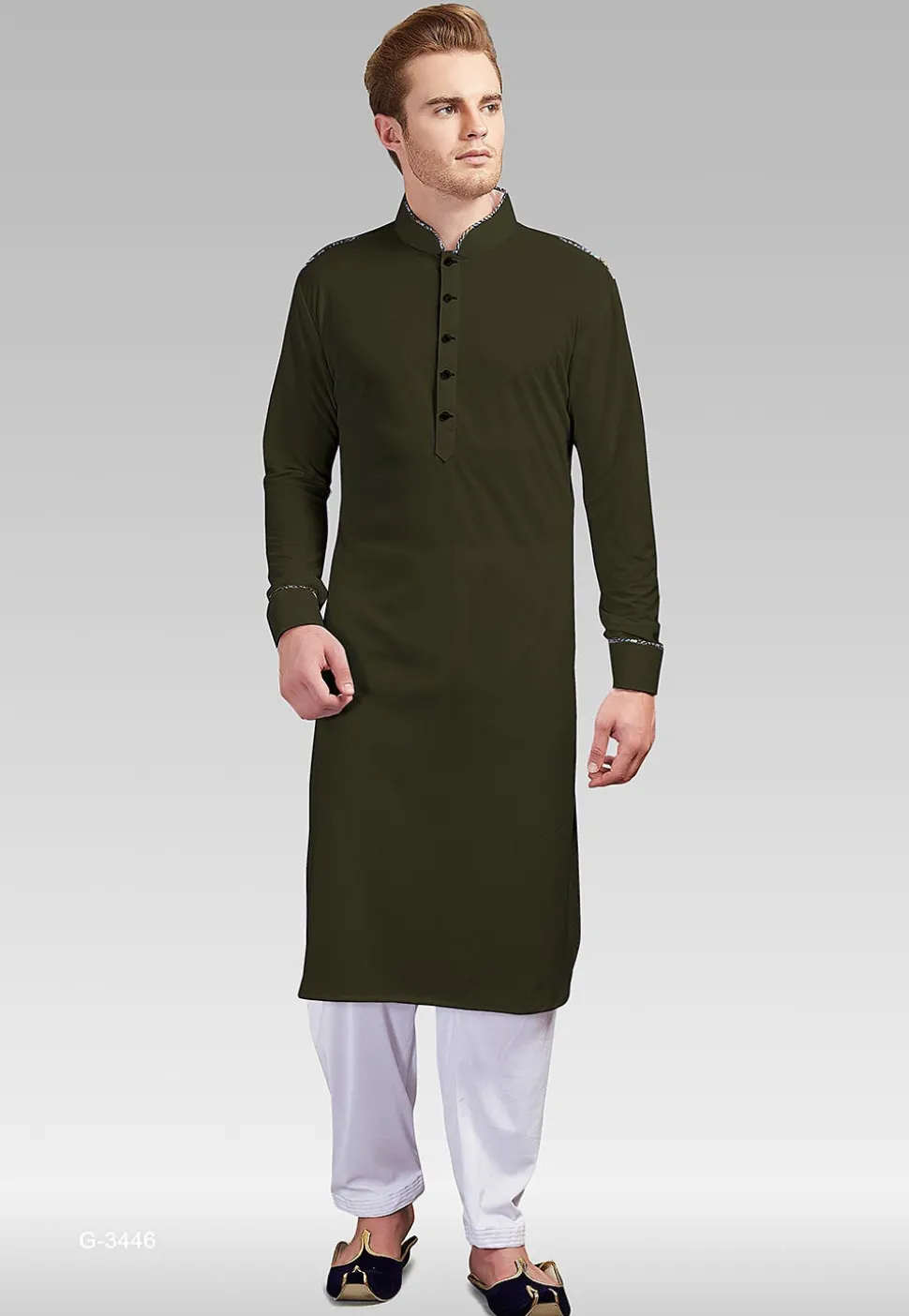 Solid Color Lycra Kurta Set in Dark Olive Green