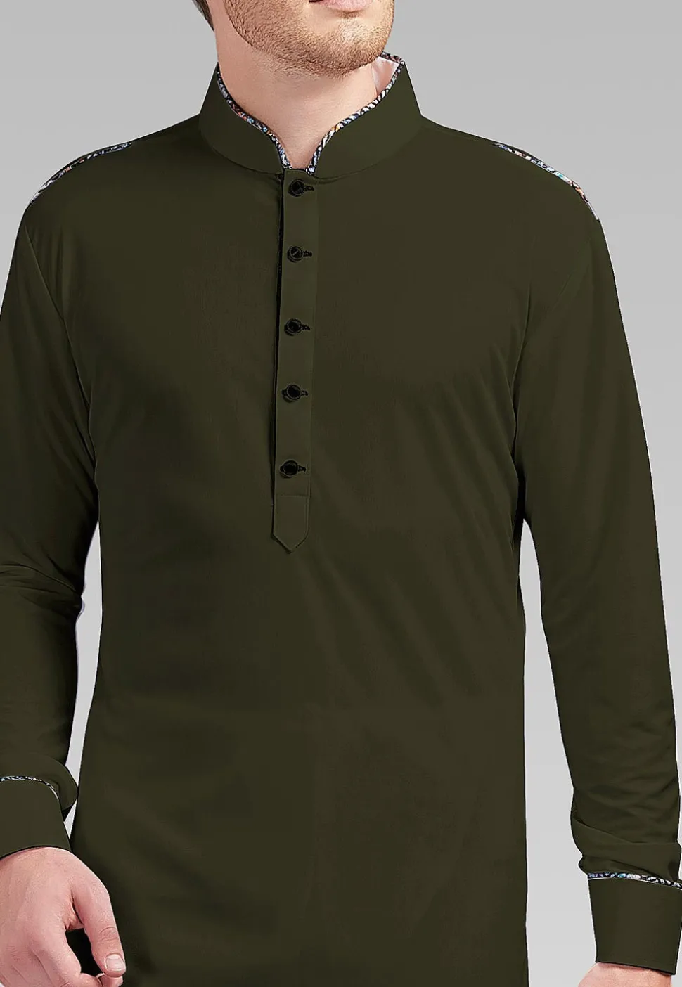 Solid Color Lycra Kurta Set in Dark Olive Green