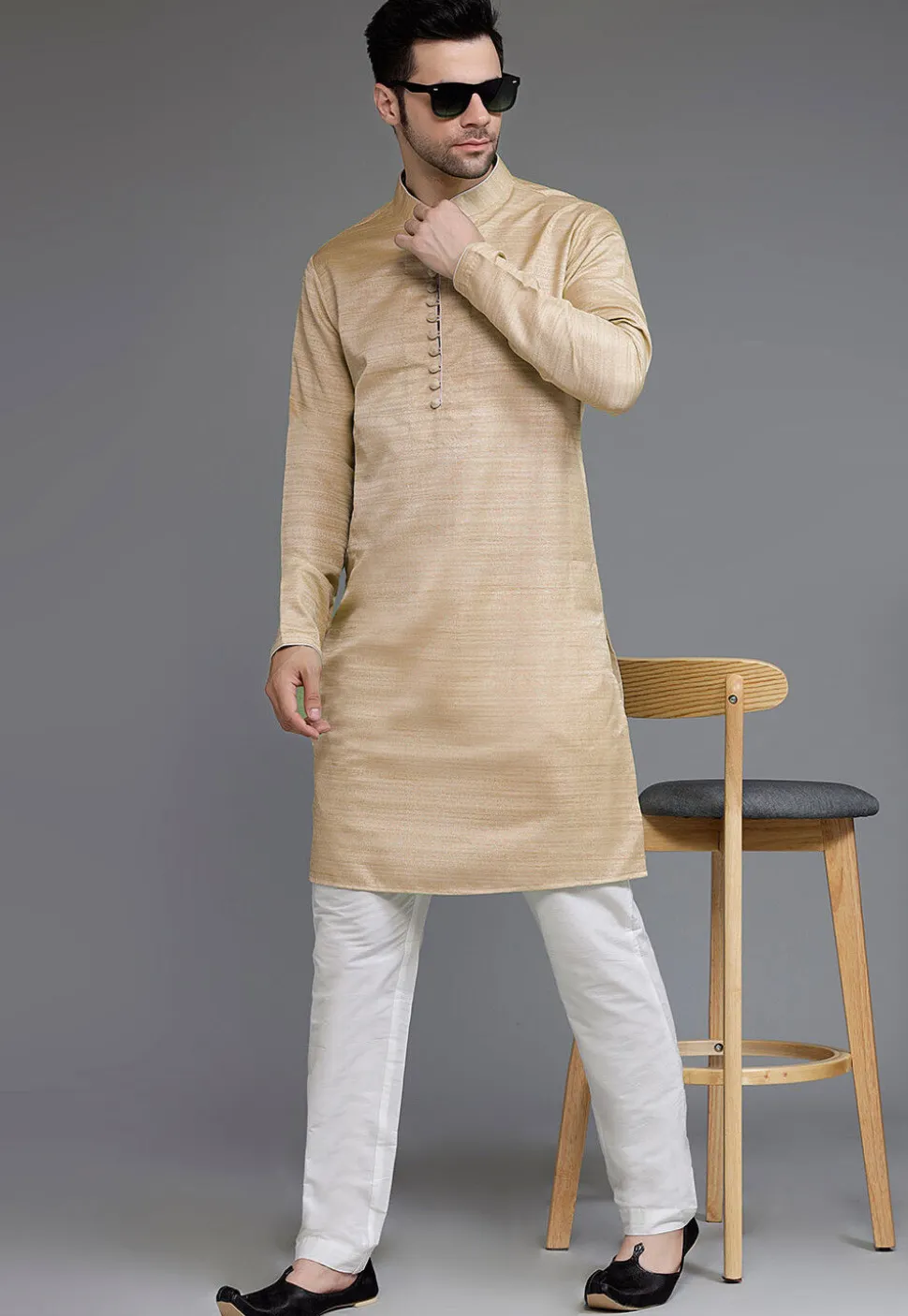 Solid Color Matka Silk Kurta Set in Beige