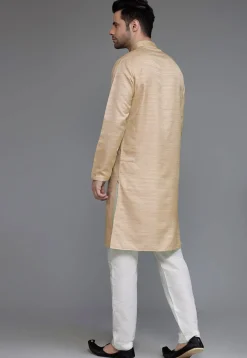 Solid Color Matka Silk Kurta Set in Beige