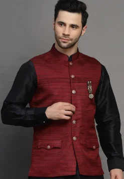 Solid Color Matka Silk Nehru Jacket in Maroon