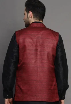 Solid Color Matka Silk Nehru Jacket in Maroon