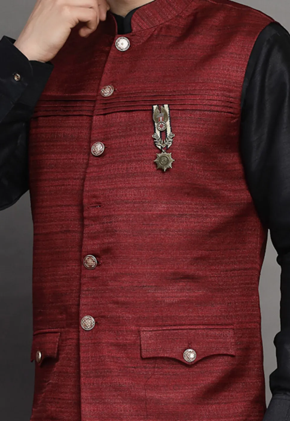 Solid Color Matka Silk Nehru Jacket in Maroon
