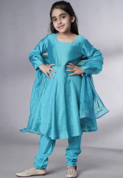 Solid Color Muslin Silk A Line Suit in Sky Blue