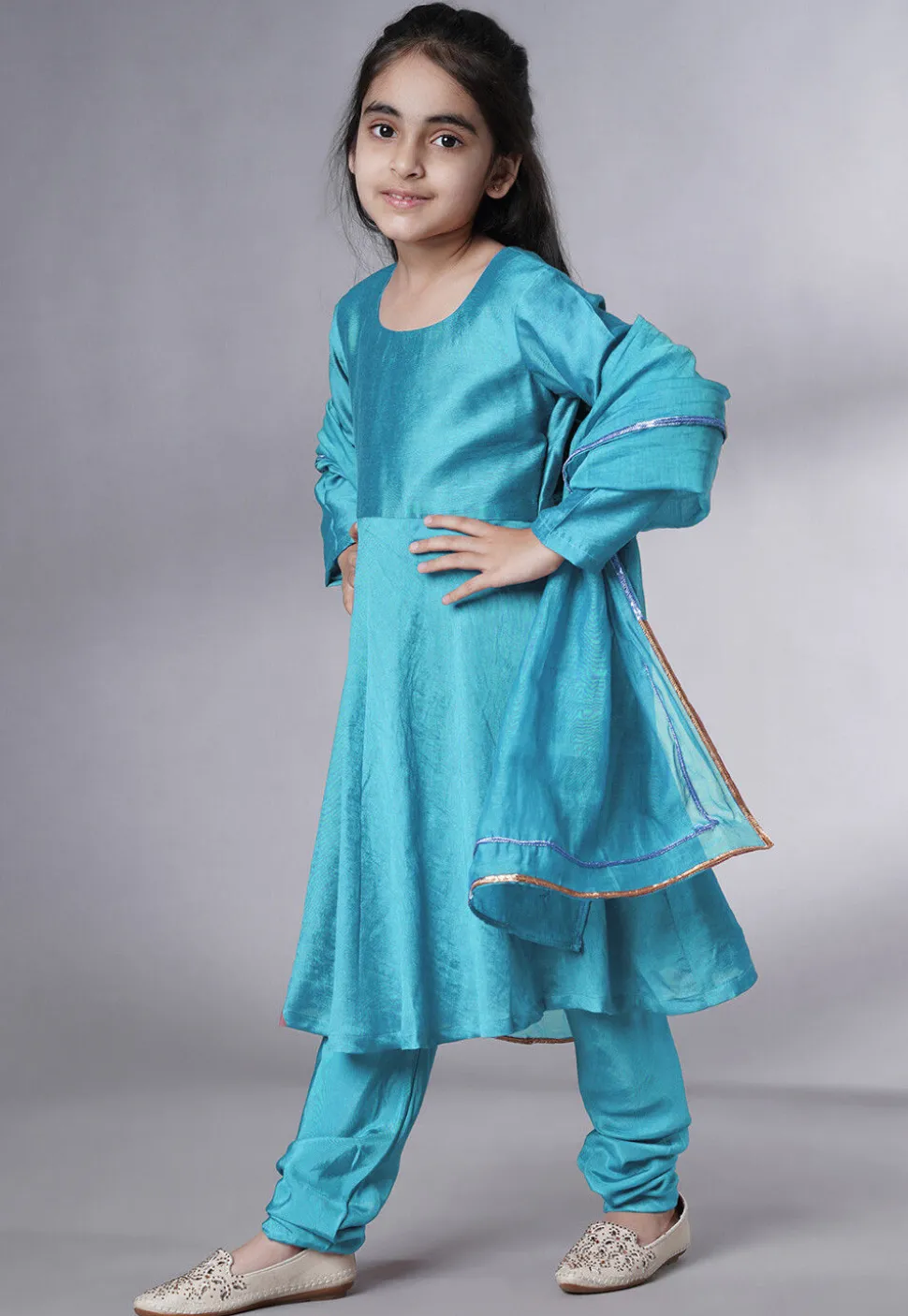 Solid Color Muslin Silk A Line Suit in Sky Blue