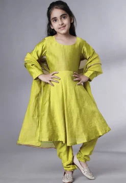 Solid Color Muslin Silk A Line Suit in Olive Green