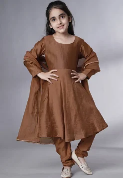 Solid Color Muslin Silk A Line Suit in Dark Brown