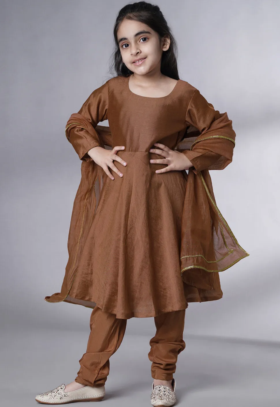 Solid Color Muslin Silk A Line Suit in Dark Brown
