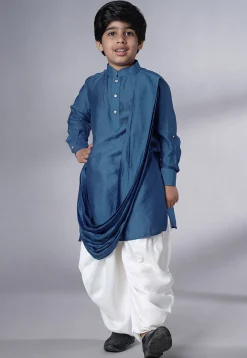 Solid Color Muslin Silk Kurta Set in Teal Blue