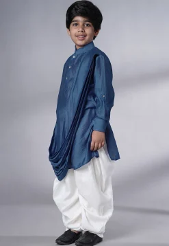 Solid Color Muslin Silk Kurta Set in Teal Blue