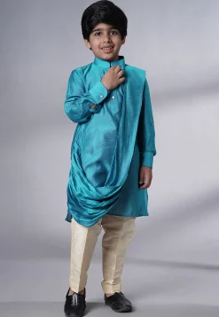 Solid Color Muslin Silk Kurta Set in Teal Blue