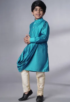Solid Color Muslin Silk Kurta Set in Teal Blue