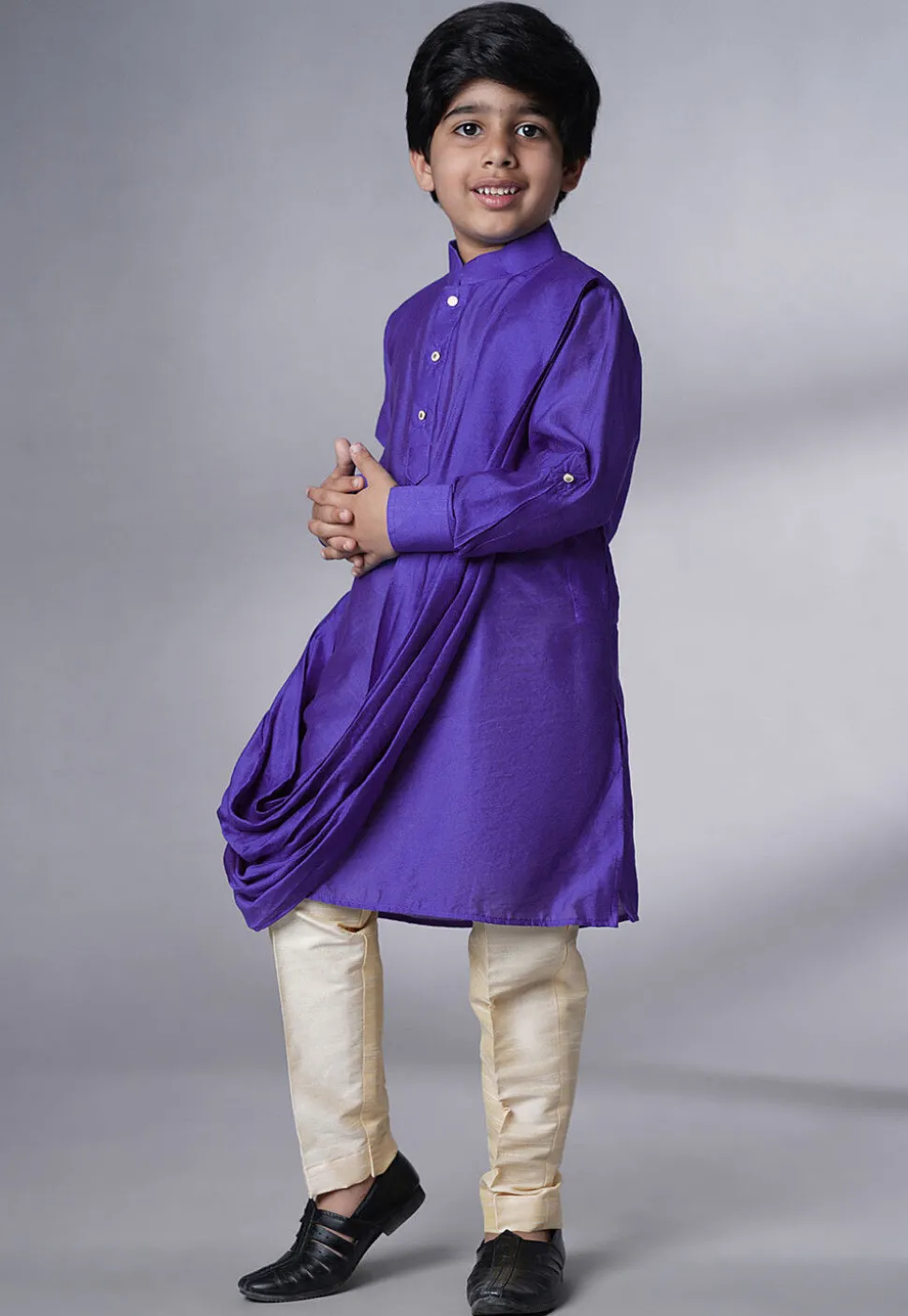 Solid Color Muslin Silk Kurta Set in Purple