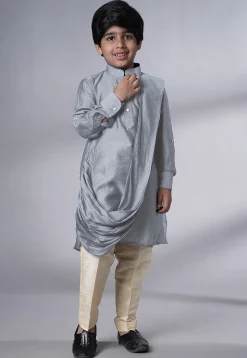 Solid Color Muslin Silk Kurta Set in Grey