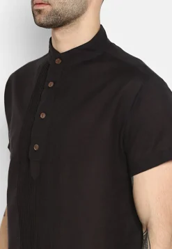 Solid Color Pintucked Cotton Short Kurta in Black