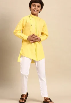Solid Color Poly Cotton Asymmetric Short Kurta Set in Yellow