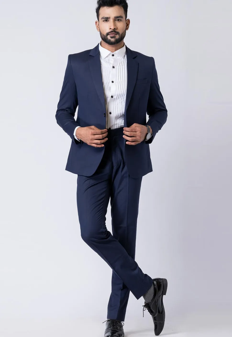 Solid Color Polyester Blazer in Navy Blue