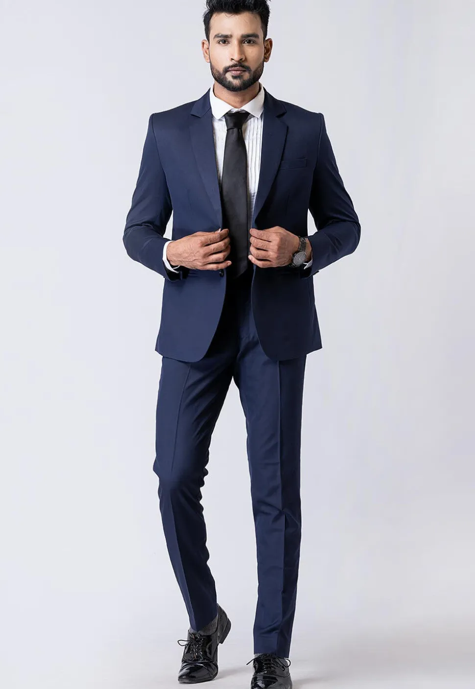 Solid Color Polyester Blazer in Navy Blue