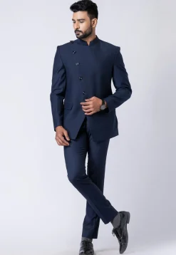 Solid Color Polyester Jodhpuri Suit in Navy Blue