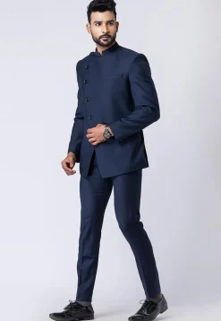 Solid Color Polyester Jodhpuri Suit in Navy Blue