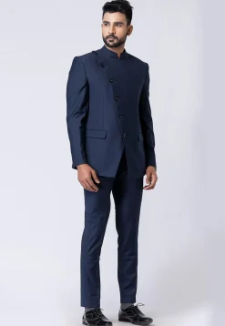Solid Color Polyester Jodhpuri Suit in Navy Blue