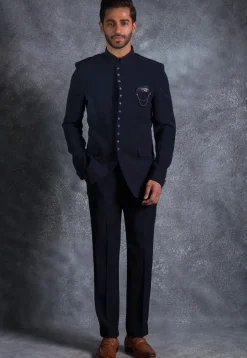 Solid Color Polyester Jodhpuri Suit in Navy Blue