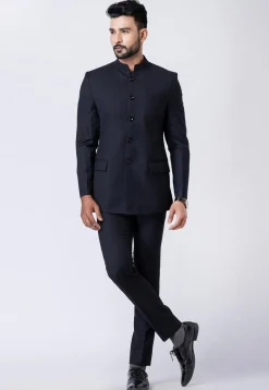 Solid Color Polyester Jodhpuri Suit in Black