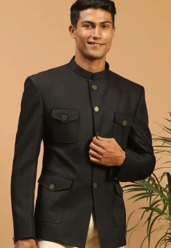 Solid Color Polyester Jodhpuri Jacket in Black