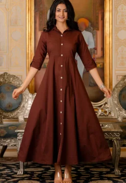 Solid Color Pure Cotton Aline Dress in Brown