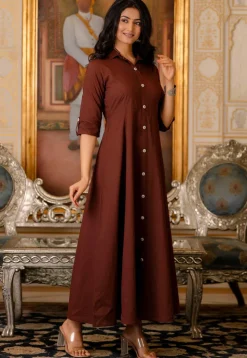 Solid Color Pure Cotton Aline Dress in Brown