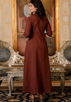 Solid Color Pure Cotton Aline Dress in Brown