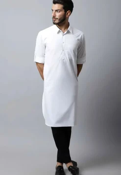 Solid Color Pure Cotton Kurta Set in White