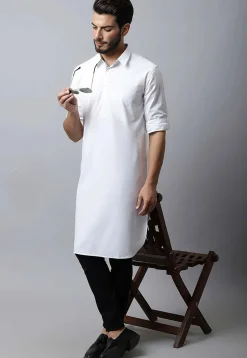 Solid Color Pure Cotton Kurta Set in White
