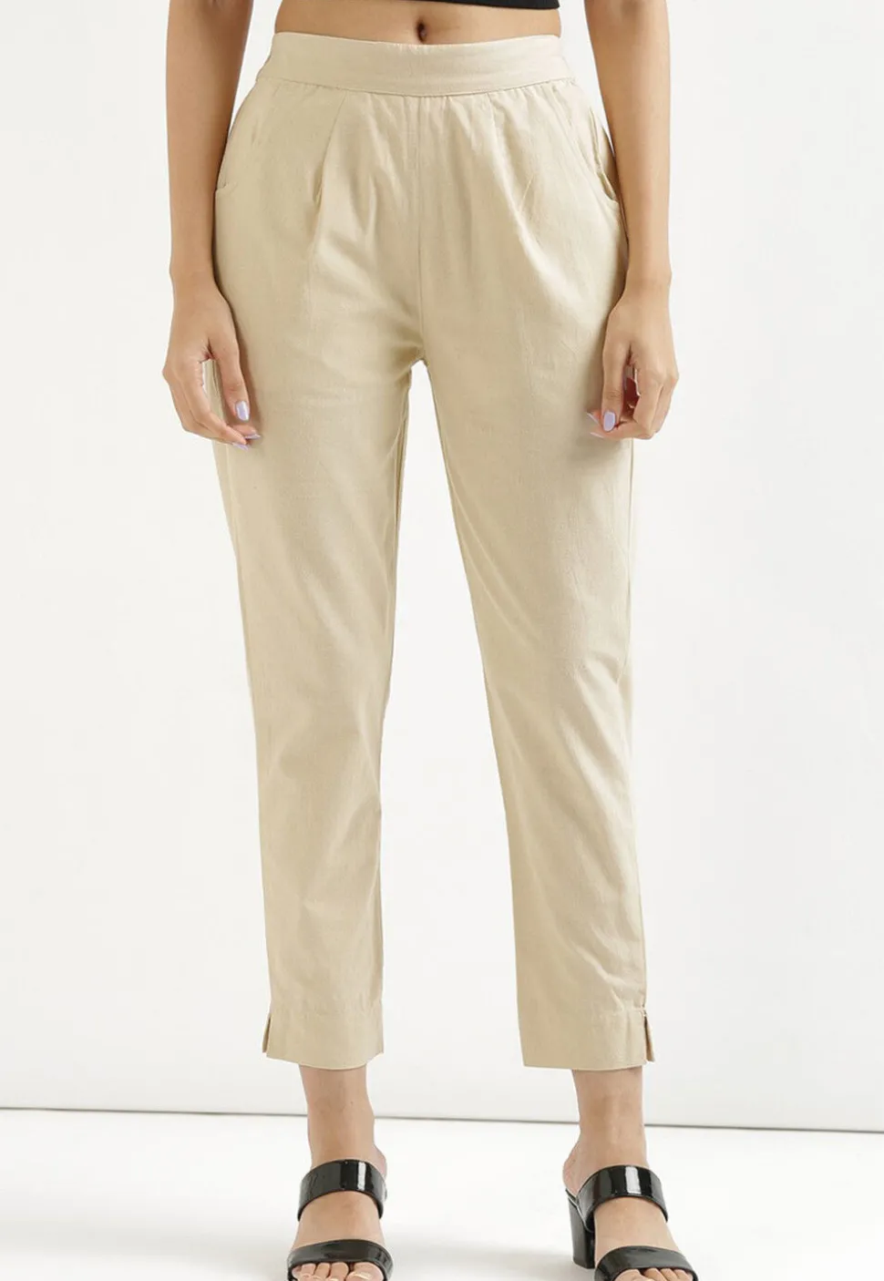 Solid Color Pure Cotton Pant in Light Beige