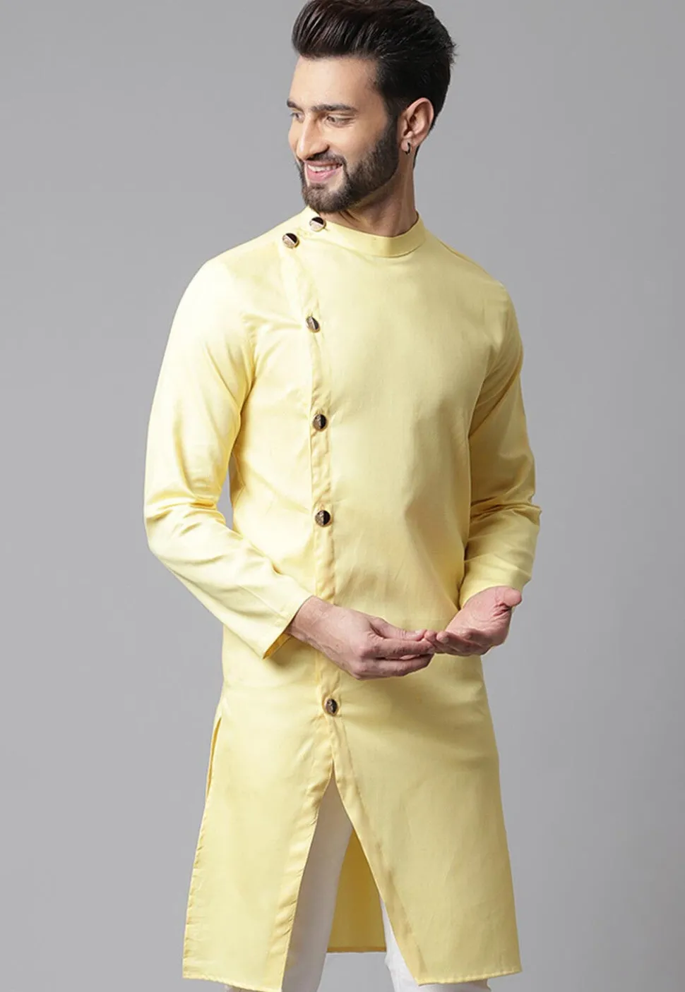 Solid Color Pure Cotton Side Open Kurta in Light Yellow