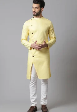 Solid Color Pure Cotton Side Open Kurta in Light Yellow
