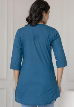 Solid Color Pure Cotton Straight Kurti in Teal Blue