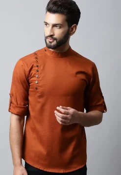 Solid Color Pure Cotton Short Kurta in Dark Rust