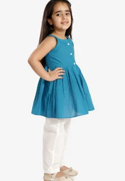 Solid Color Pure Cotton Tunic Set in Light Blue