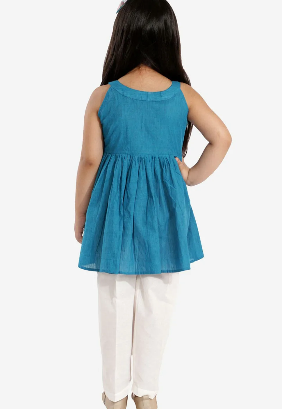 Solid Color Pure Cotton Tunic Set in Light Blue