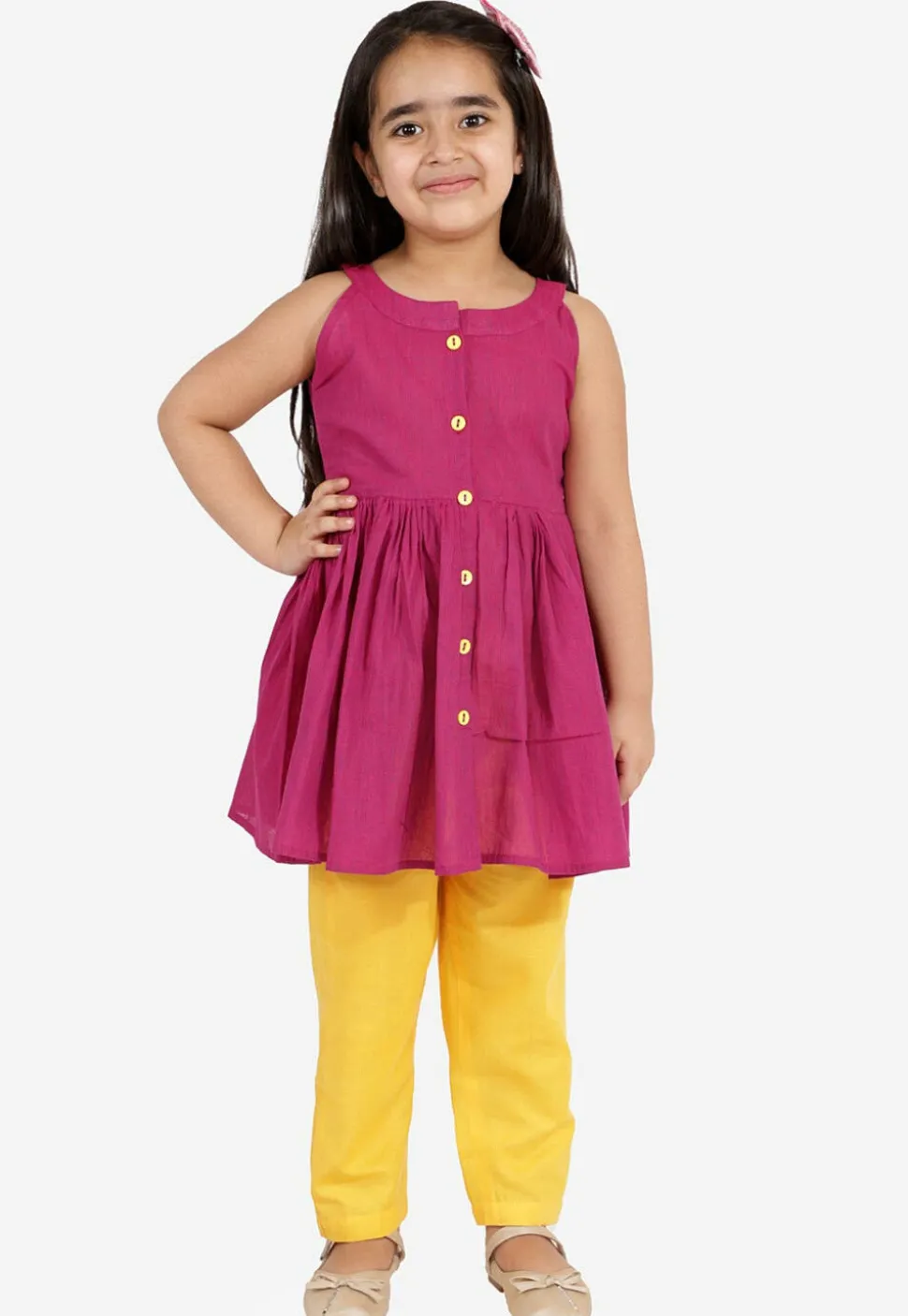Solid Color Pure Cotton Tunic Set in Magenta