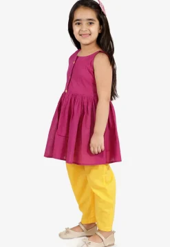 Solid Color Pure Cotton Tunic Set in Magenta