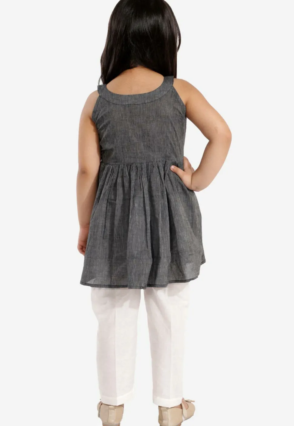 Solid Color Pure Cotton Tunic Set in Dark Grey