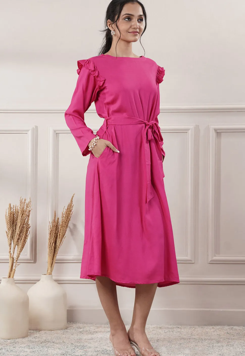 Solid Color Rayon A Line Dress in Pink