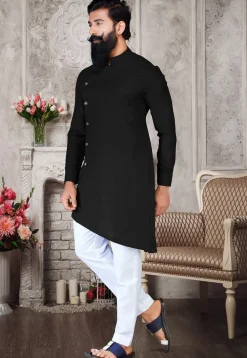 Solid Color Rayon Asymmetric Kurta in Black