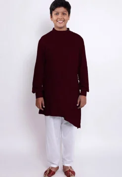 Solid Color Rayon Asymmetric Kurta Set in Wine
