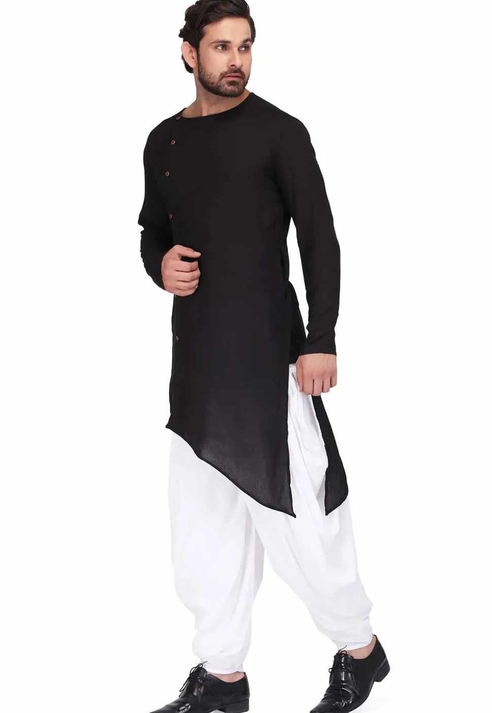 Solid Color Rayon Asymmetric Dhoti Kurta in Black