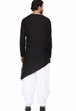 Solid Color Rayon Asymmetric Dhoti Kurta in Black
